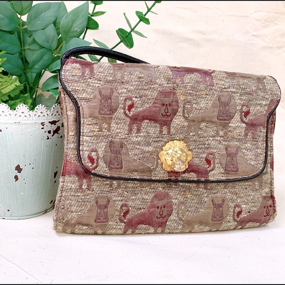 Vintage French Brocade & Leather Lion Purse, A la Reine Des Fees - Picture 1 of 10